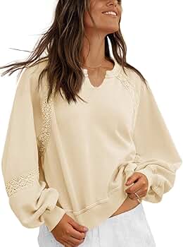 Fisoew Women's Oversized Sweatshirt Casual V Neck Lace